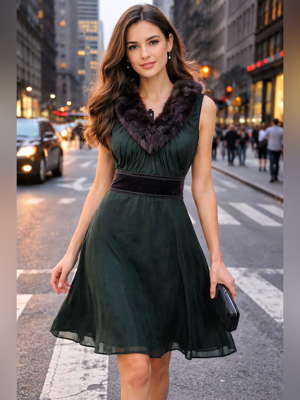 Vintage Kirrily Johnston V-Neck Dress with Fur Trim